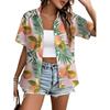 Womens Loose Fit Short Sleeve Printed Shirt Casual Vacation Style Collared Open Front Top