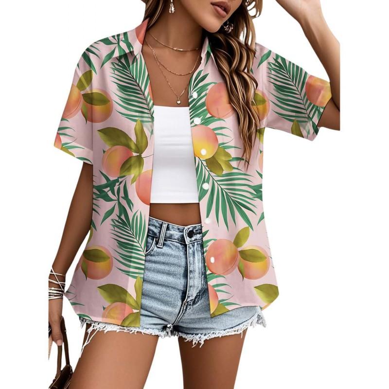 Womens Loose Fit Short Sleeve Printed Shirt Casual Vacation Style Collared Open Front Top