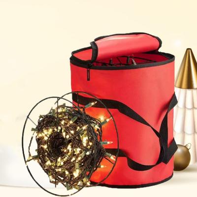 Red Christmas String Lights Storage Bag Round Large Capacity Christmas Storage Bag with Handle 600D Oxford Cloth