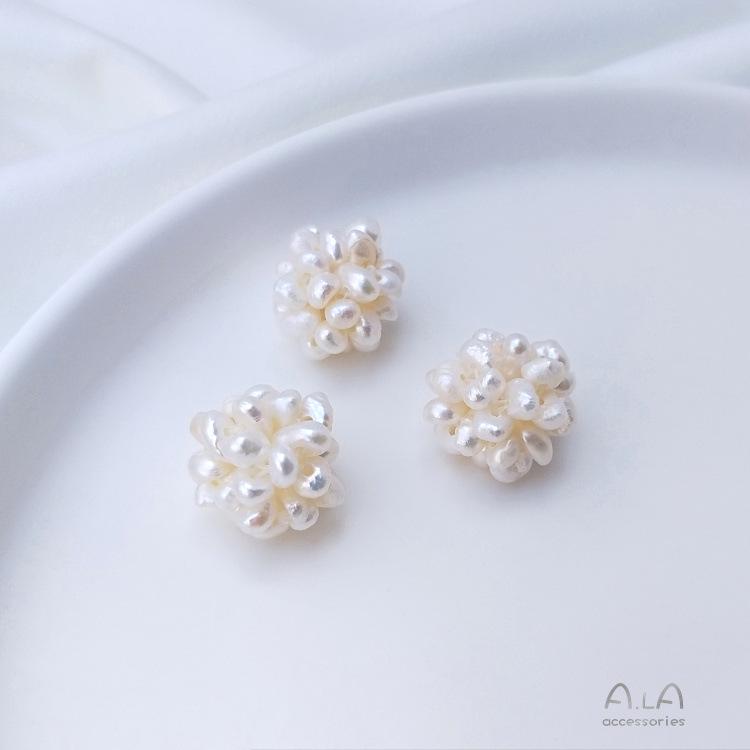Hand-Woven Natural Freshwater Pearl Flower Ball Earrings and Beads