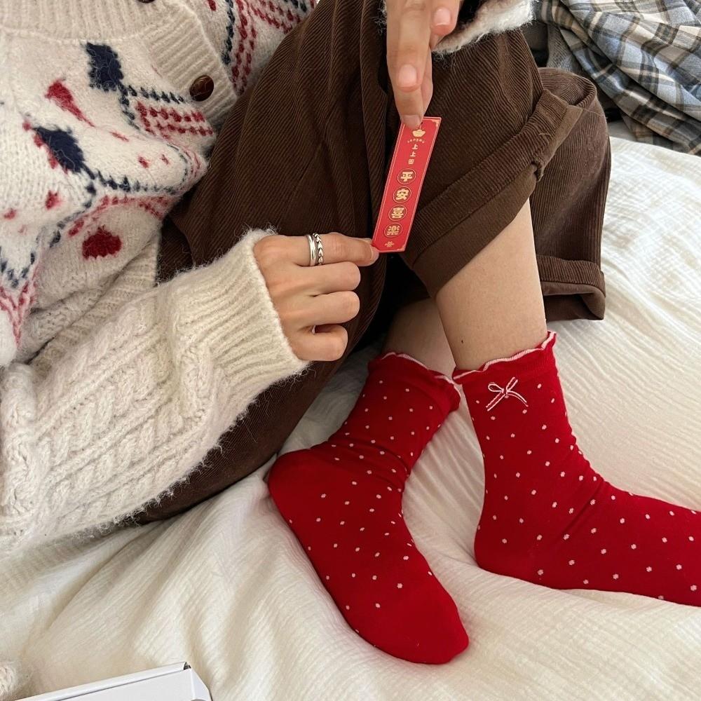 Combed Cotton Heart Polka Dot Socks Breathable Flower Socks Plaid Red Socks Spring Festival