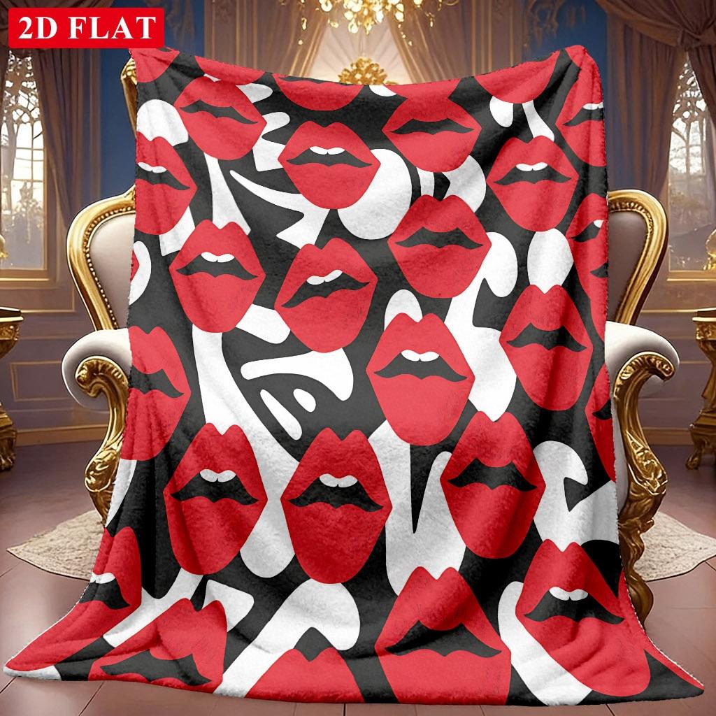 A 2D Red Lips Pattern Themed Flannel Blanket, Featuring Soft High-definition Digital Printing, a Cooling Blanket Suitable for All Seasons! Soft and Br