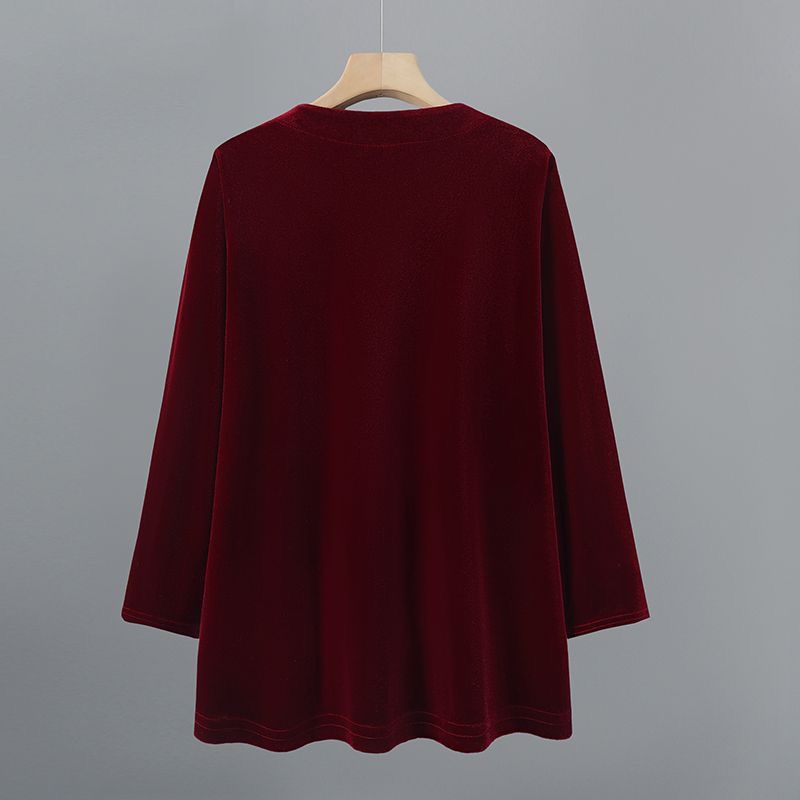 Spring Autumn Women's Plus Size Velvet Blouse Loose Embroidered Long Sleeve Pullover Blouse
