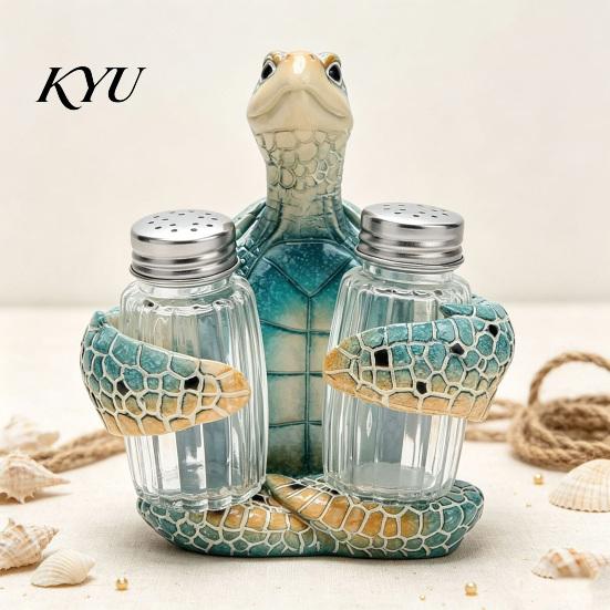 Island Inspired Dining Table Centerpiece Sea Turtle Salt Pepper Shaker Set with Holder, Resin Figurine Holder Glass Spice Bottles, Coastal Beach Style