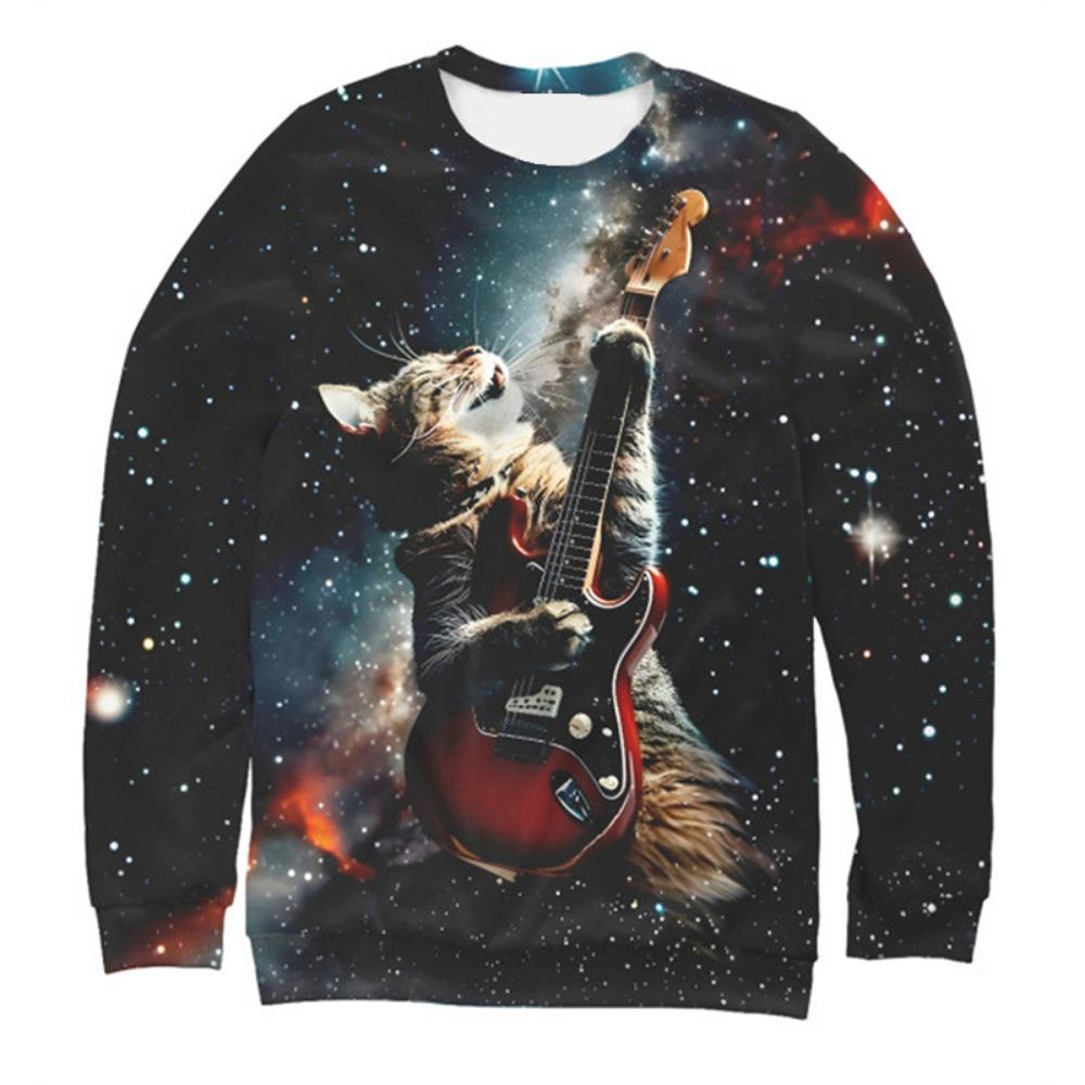 New Men's Sweatshirts Fashion 3D Guitar Cat Printed Long Sleeves For Man Summer Casual Round Neck Tops Oversized Funny T Shirt