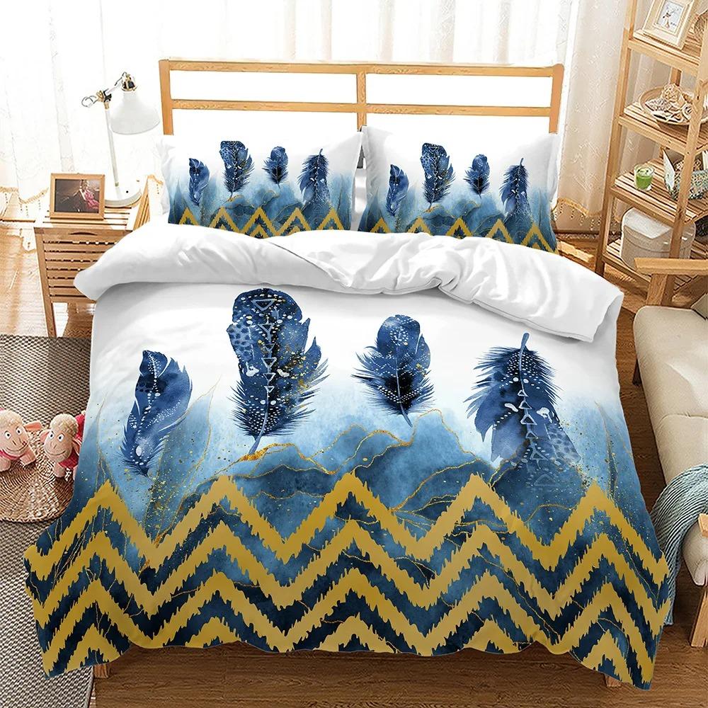 Feder Bettbezug Set 3D Goldene Feder Marmor Polyester Kissenbezüge Bettdecke Heimdeko Geschenk Twin King Queen Bettwäscheset