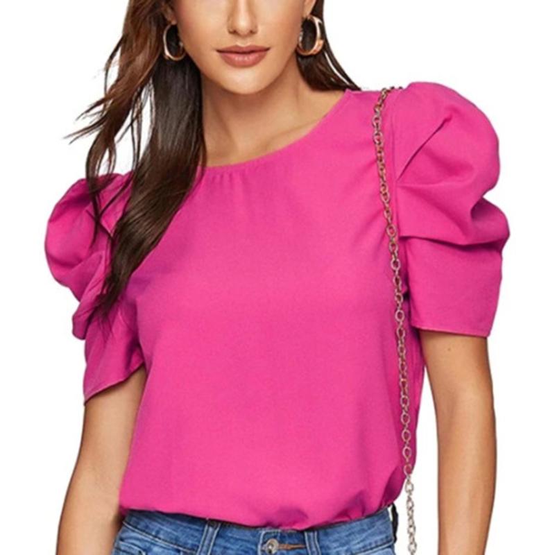 

Модная повседневная винтажная летняя рубашка женская пышная белая блузка с коротким рукавом с круглым вырезом уличная элегантные топы женская одежда 25291 L розы красного