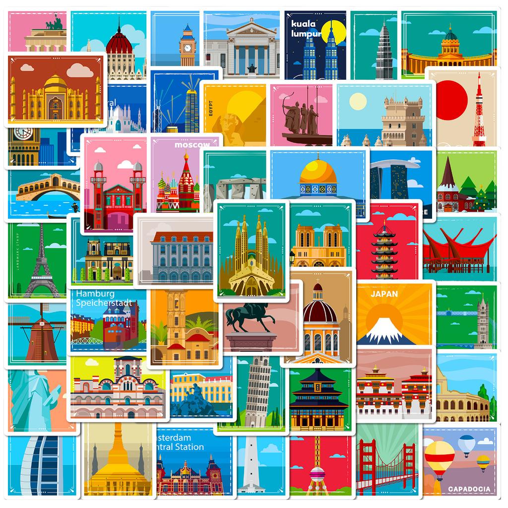 50 Posters Landmark Stickers Travel Diary Oil Painting Style World Landmark Architecture Travel City Posters