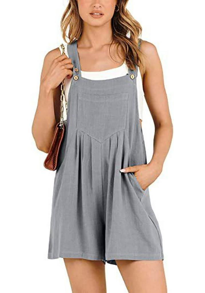 Women's Cotton Linen Pocketed Wide-Leg Jumpsuit Shorts 2023