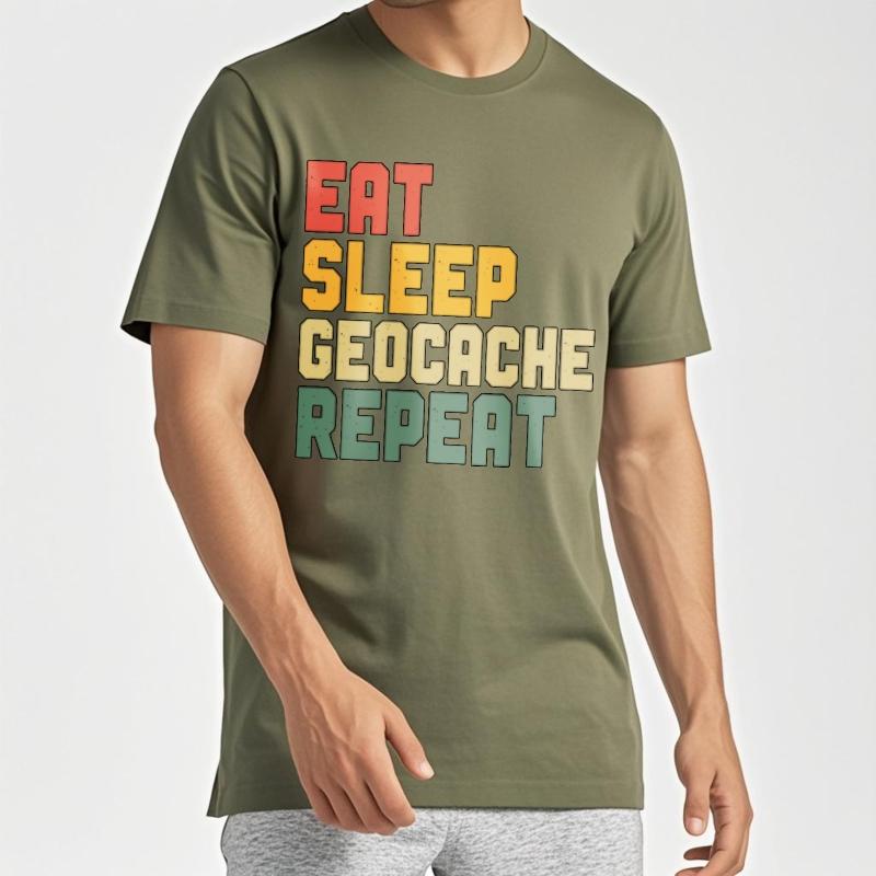 Unisex T-Shirt Atmungsaktiv Für ihn Rundhals-T-Shirt Neues T-Shirt Tragen Essen Schlafen Geocaching Wiederholen Trendiges Jungen-T-Shirt Trendiges T-Shirt