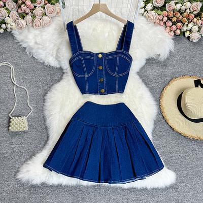 Elegancki damski garnitur w stylu retro w stylu Hong Kong, krótka kamizelka na ramiączkach, mini spódniczka dżinsowa