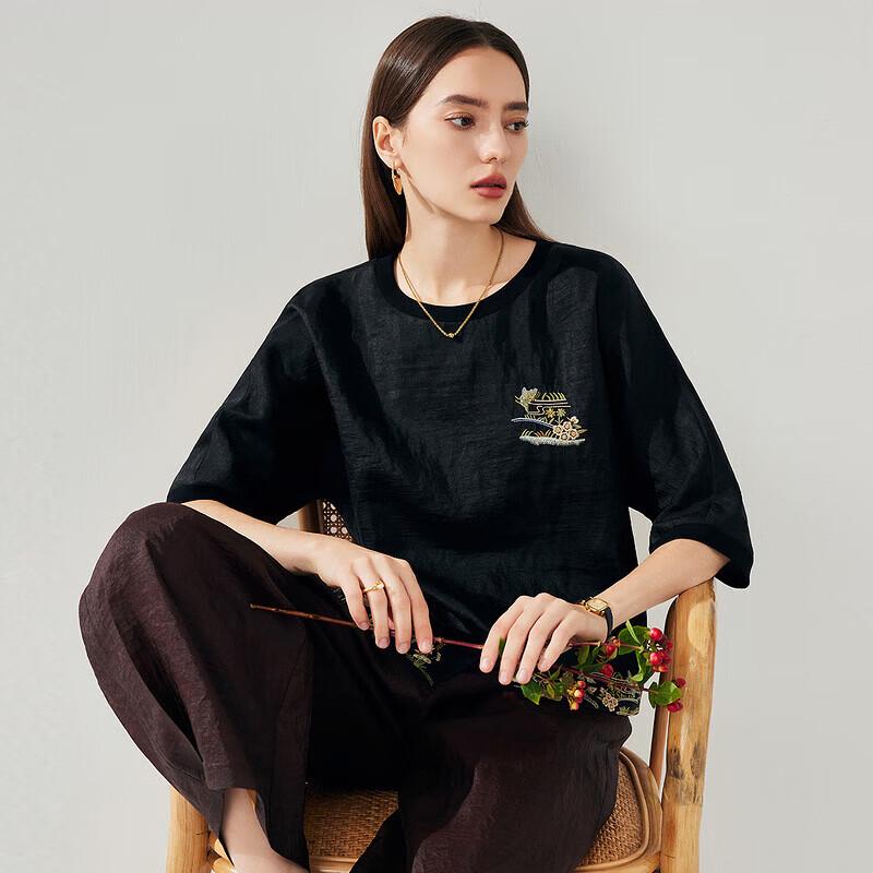 Zhaojun Women's Embroidered Loose Fit Silk T-Shirt