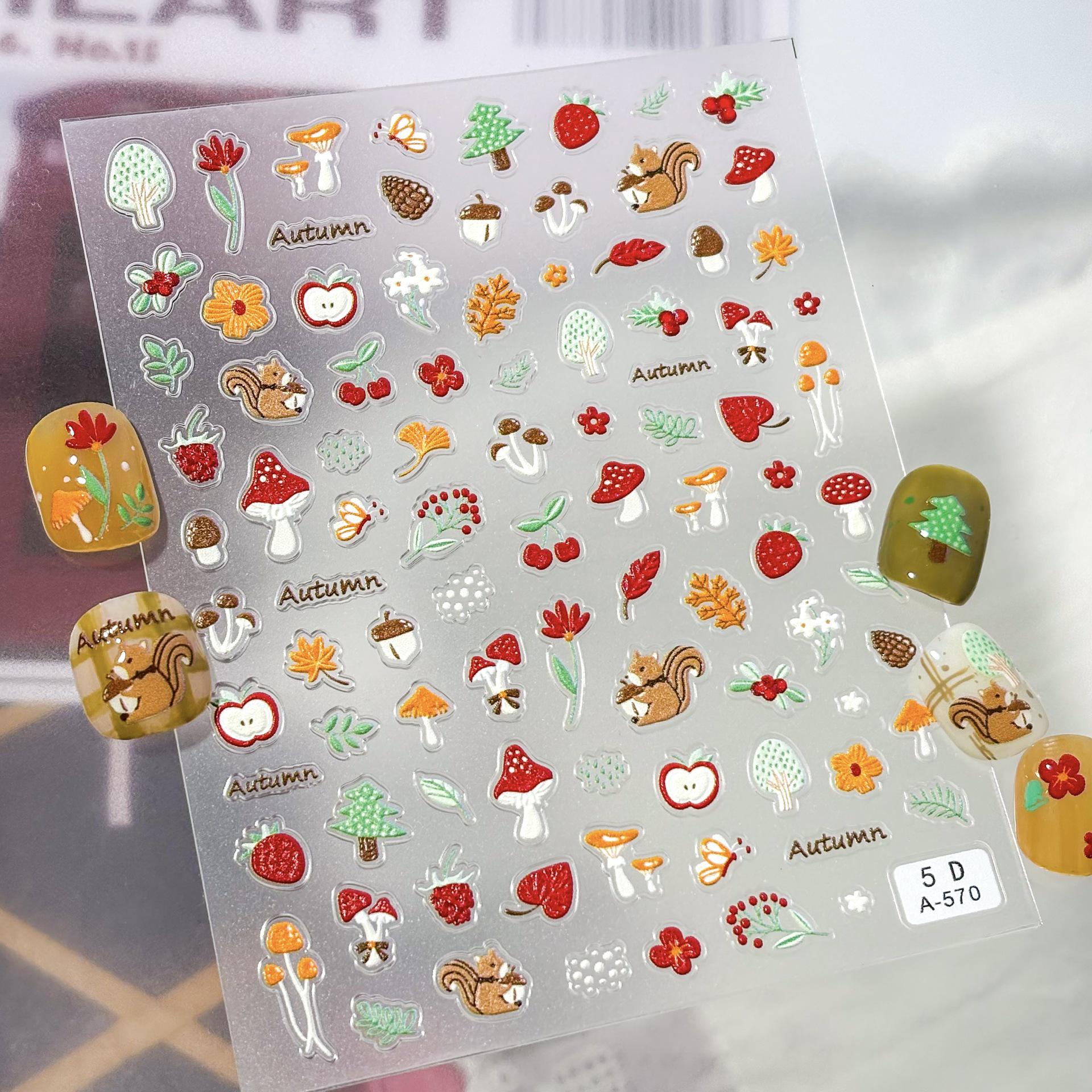

5D Embossed Little Bear & Pastoral Cartoon Nail Stickers: 3D Autumn Squirrel & Rabbit Ornaments