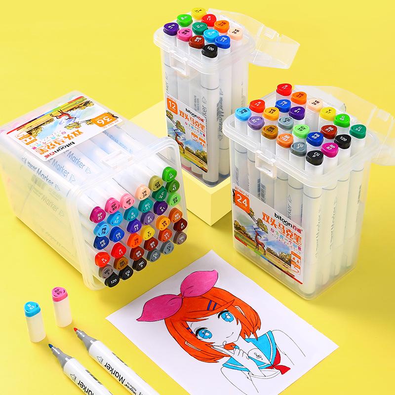 Baitong Double-Ended Triangular Marker Pen Set: Alcohol & Oil-Based, Quick-Drying, Available In 12/24/36/48/60 Colors.