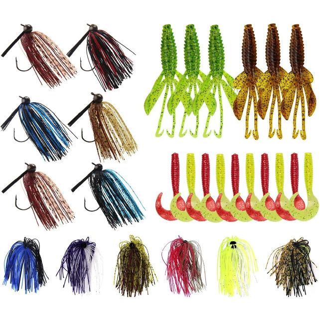 Bass Fishing Lures Kit Include Weedless Football Swim Jigs Bass Jigs, Silicone Jig Skirts, Craw Soft Plastic Worms Grub Bait Tackle Kit Fishing Lures