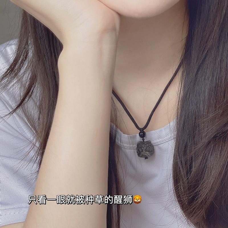 Handmade Obsidian Maitreya Buddha Lion Pendant Necklace With Adjustable Braided Cord Women Men Chinese New Wave Style