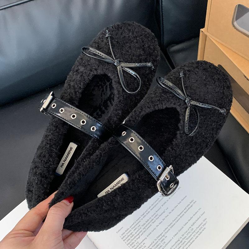 Fashion Fashion Fur Footwear Buckle Strap Women Flats With Shoes Winter Female Shallow Butterfly-Knot Ladies Flats Mary Janes Warm Shoes