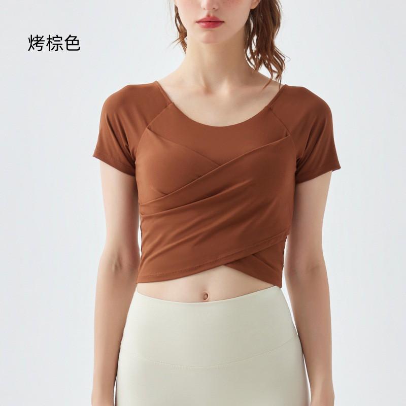 Womens Quick-Dry Yoga Top With Built-in Bra Cropped Cross-Back Workout Shirt Running Gym Fitness