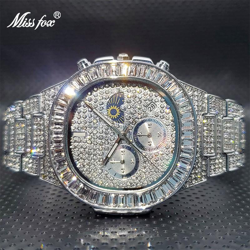 MISSFOX Mens Nautilus Series Watch Moon Phase Calendar Luminous Luxury Hip Hop Wristwatch