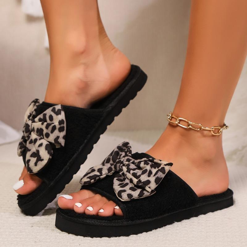 Fashion Women's Shoes New Open Toe Women's Slippers Autumn Bow Tie Leopard Print Mixed Color Flat Casual Comfortable Slippers
