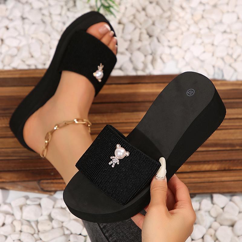 Fashion Pearl Butterfly Decor Wedge Slippers for Women Black Elastic Cloth Platform Sandals Woman Summer Comfort Non Slip Beach Slides