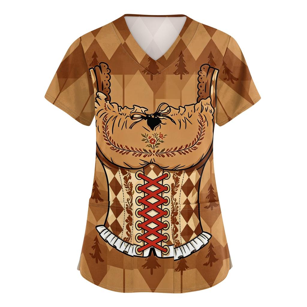 Women's V Neck Short Sleeve Work Shirt with Pockets Oktoberfest Print Top Caregiver Uniform Tee for Medical and Hospitality Use