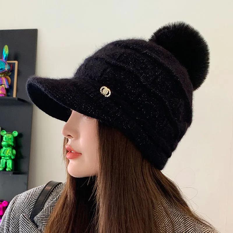 WTEMPO Rabbit Hair Blend Woolen Winter Hats Women All-match Hairball Peaked Caps Windproof Thickened Warm Plush Bomber Hats