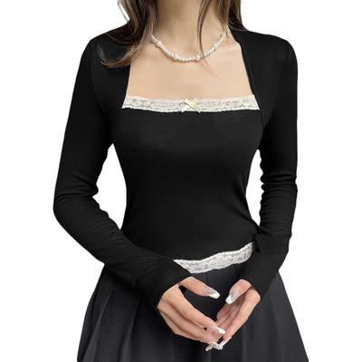 Women's Spring Autumn Fitted Tops Long Sleeve Square Neck Lace Trim Slim Fit T-shirt