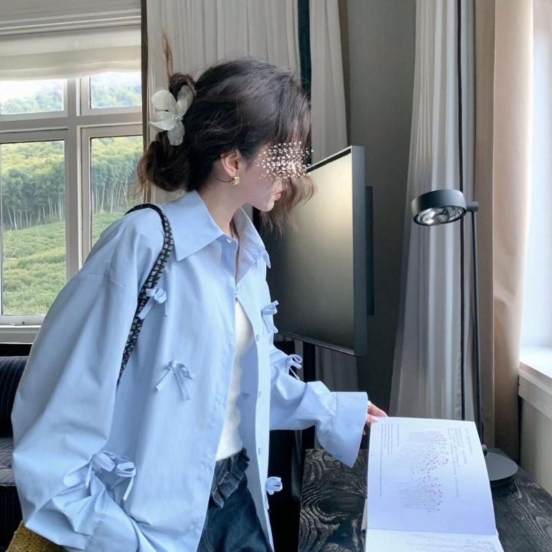 3D Bow Blue Shirt for Women Women's Chic Versatile Casual Lapel Top Solid Color Long Sleeve Lady's Single Breaste Shirts