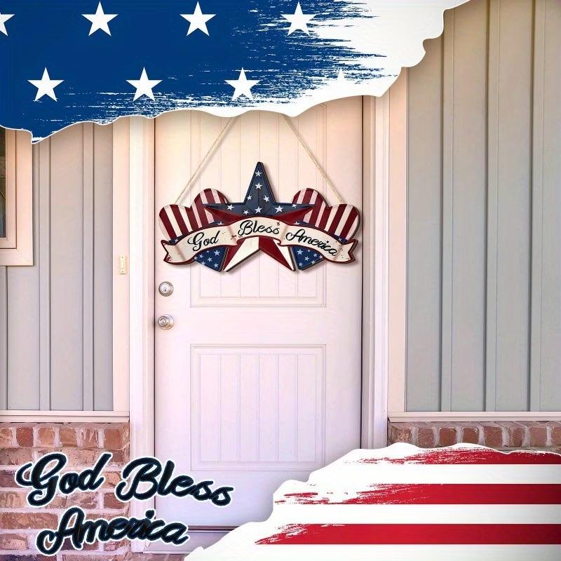 Patriotic Wooden Star Door Ornament - "God Bless America" Independence Day Decoration
