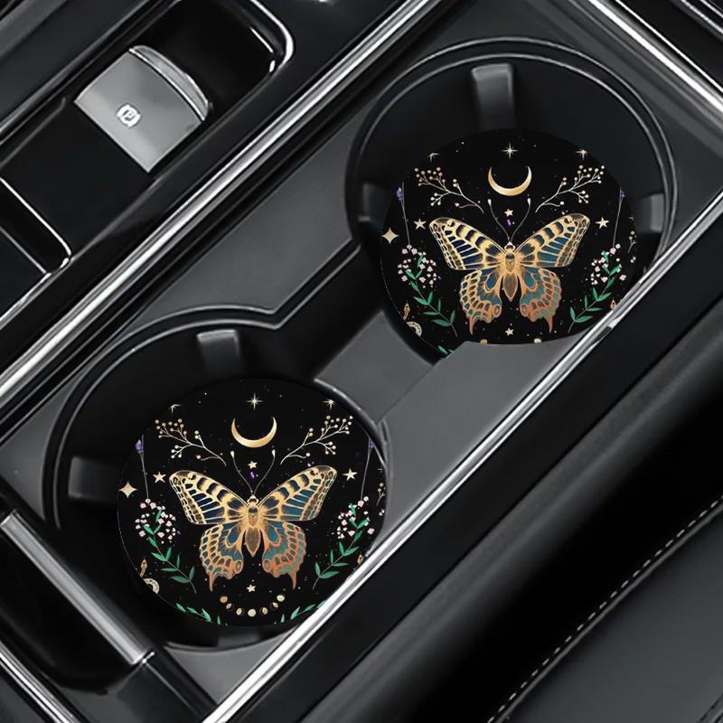2pcs Elegant Golden Butterfly Car Cup Holder Coasters - Non-Slip, Removable & Reusable For Vehicle And Home Use