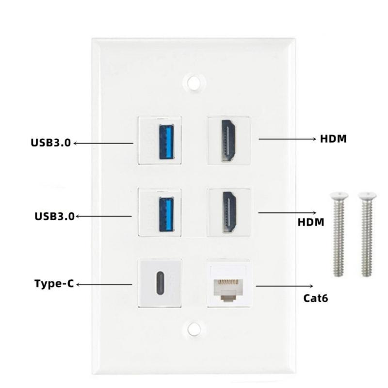 HDTV Keystone Wall Plate Cat6 2xUSB3.0 1x Type C 1x CAT6 RJ45 Ethernet Type Port HDTV Decorative Connector Wall Plate