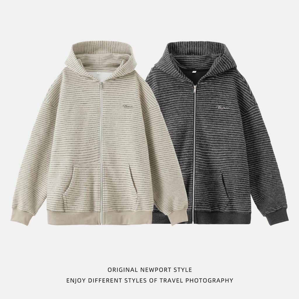 Vintage Color Block Striped Zip Up Hooded Cardigan Sweatshirt Loose Casual Men Warm Outerwear