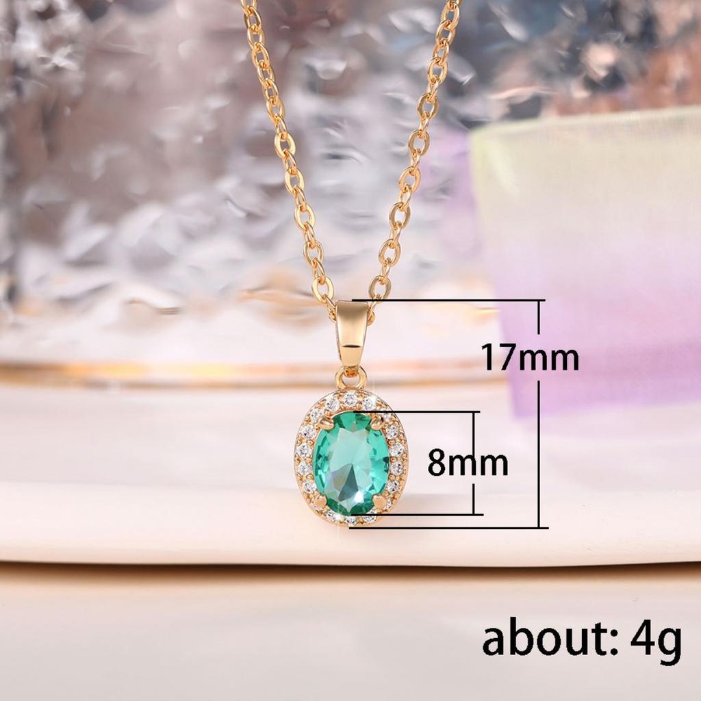 Women Oval Green Stone Pendant Necklace with Sparkling Halo Elegant Gold Chain