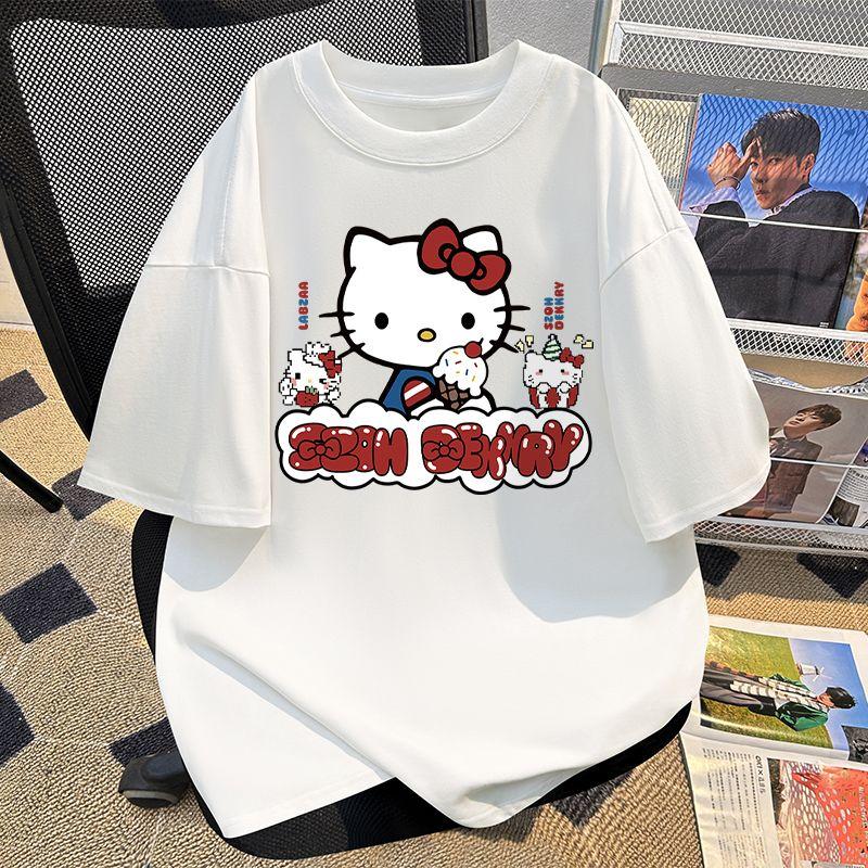 Cute KT Cat Print ShortSleeved TShirt for Women  2026 Summer New Style Casual Roundneck Cotton Top