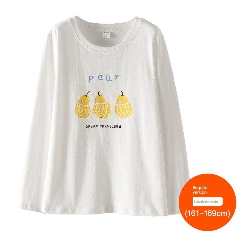 

Plus size women clothing [Cartoon Pear T] Three Clothes Length Autumn Chubby Girl round Neck Print Loose Long sleeves Shirt Top Cheese White (161-169cm) 6XL