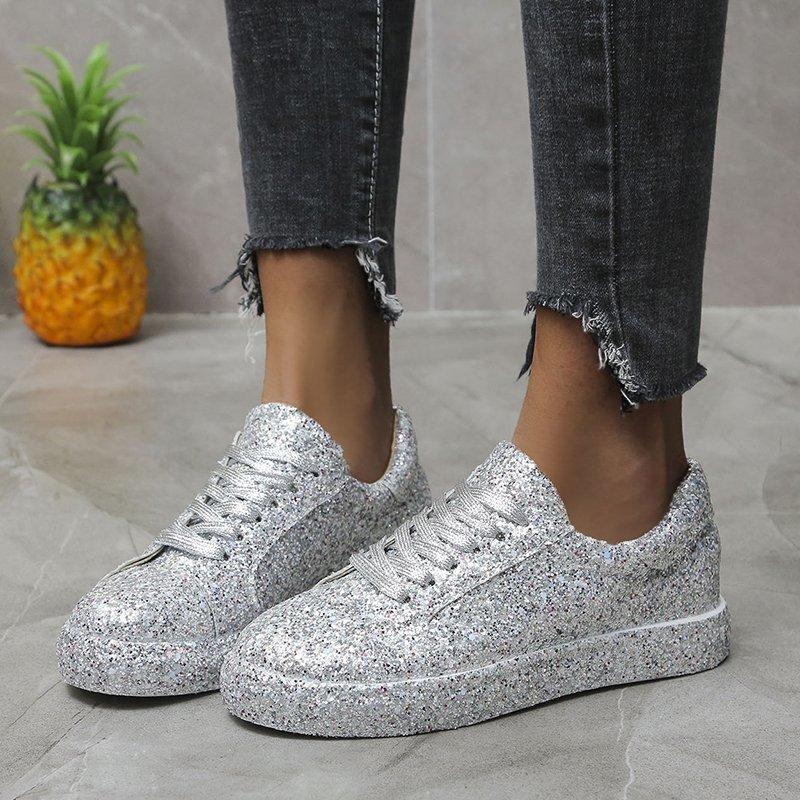 Large Size Sequined Casual Fashion Single Shoes Women'S Front Lace-Up Flat Bottom Round Head Bottom Top Sneakers Spot