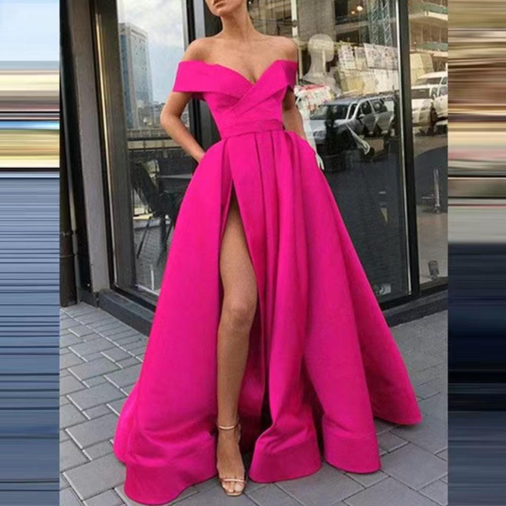 Abito Maxi Donna Scollato A Spalla Senza Maniche Linea Ad A Vita Alta Elegante Raso Spacco Abito da Sera