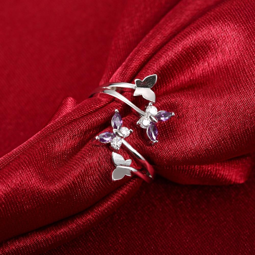 Inel Dama S925 Silver Ring with Zircon and Purple Crystals Adjustable Opening