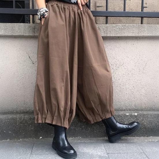 Women Bloomer Elastic High Waist Wide Leg Trousers with Pockets Solid Color Loose Fit Casual Pants Work Travel Daily Wear