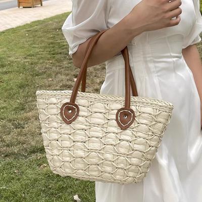 Große Kapazität Stroh gewebte Tasche gewebte Tasche Damen Schulter Gemüsekorb Handtasche Strandtasche Tote Damentasche Retro