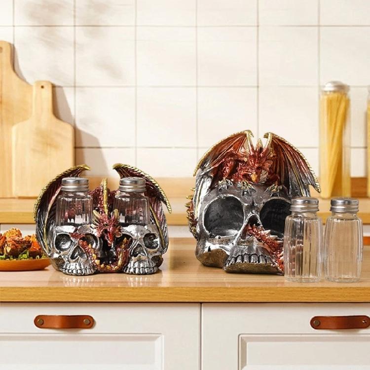 Dragon Skull Figurine for Halloween Resins Statue with Spices Shaker Display Stand Rack Kitchen Decoration for Collectors