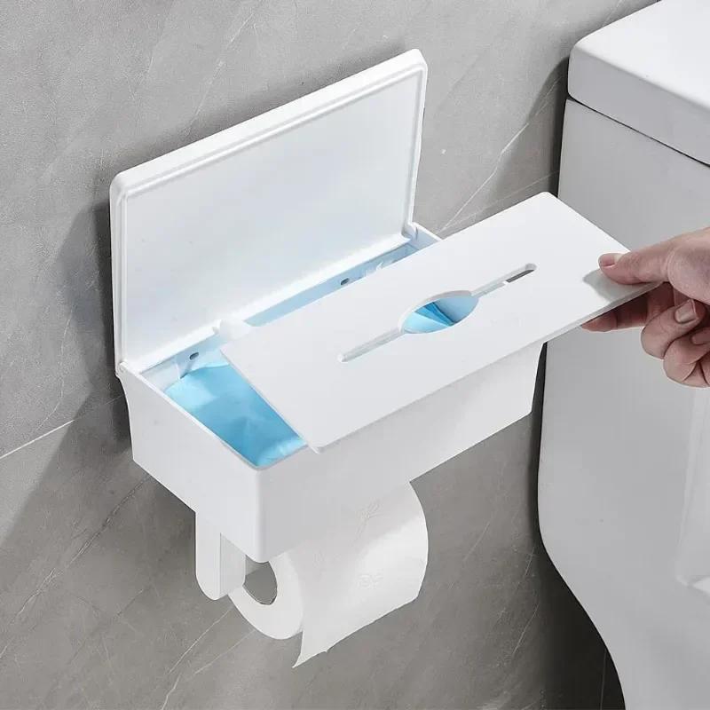 2 In 1 Home Adhesive Toilet Paper Holder Box with Shelf and Storage Box Wall Mount Toilet Paper Roll Box