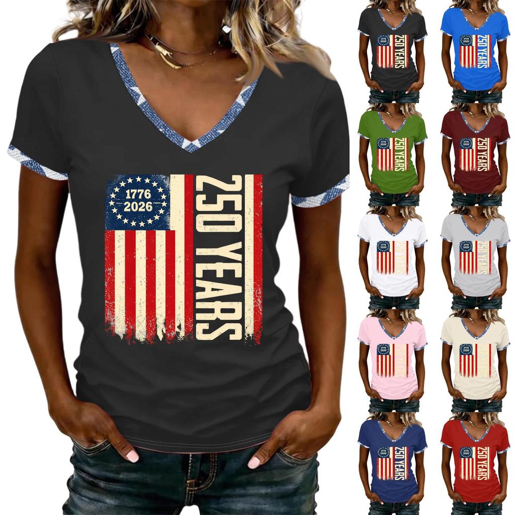 Womens V Neck Short Sleeve T Shirt 250 Years 1776 2026 Graphic Print Casual Loose Fit Top for Everyday Wear