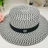 Ins Korean Mesh Flat Top Hat With M Logo, Black White Woven Straw, Summer New Fashion Sun Protection Fedora