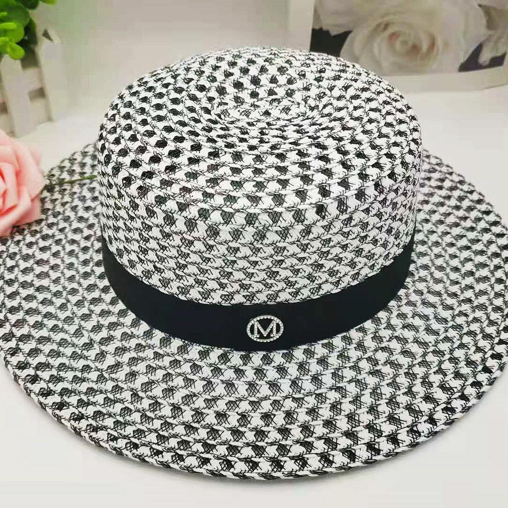Ins Korean Mesh Flat Top Hat With M Logo, Black White Woven Straw, Summer New Fashion Sun Protection Fedora