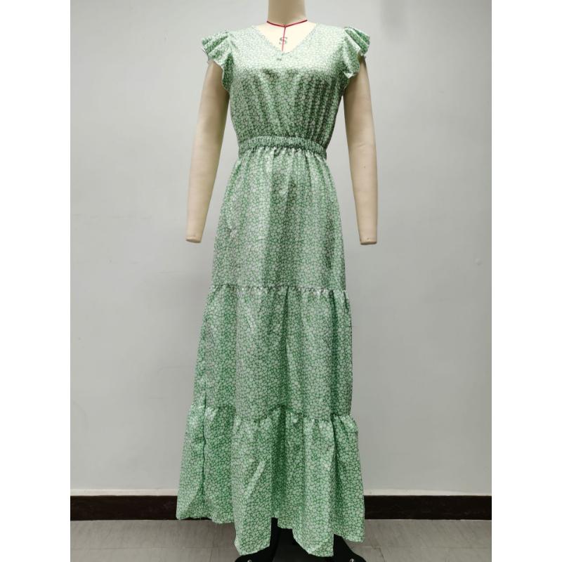 Maxi Abito Estivo Boho da Donna con Stampa Floreale Ditsy, Scollo a V, Vita Alta, Maniche a Volant, A Balze, Casual, per Vacanze al Mare