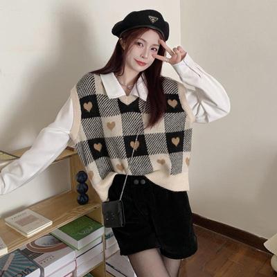 2023 Autumn New Sleeveless Sweater Checkered Print Loose Tank Top for Women