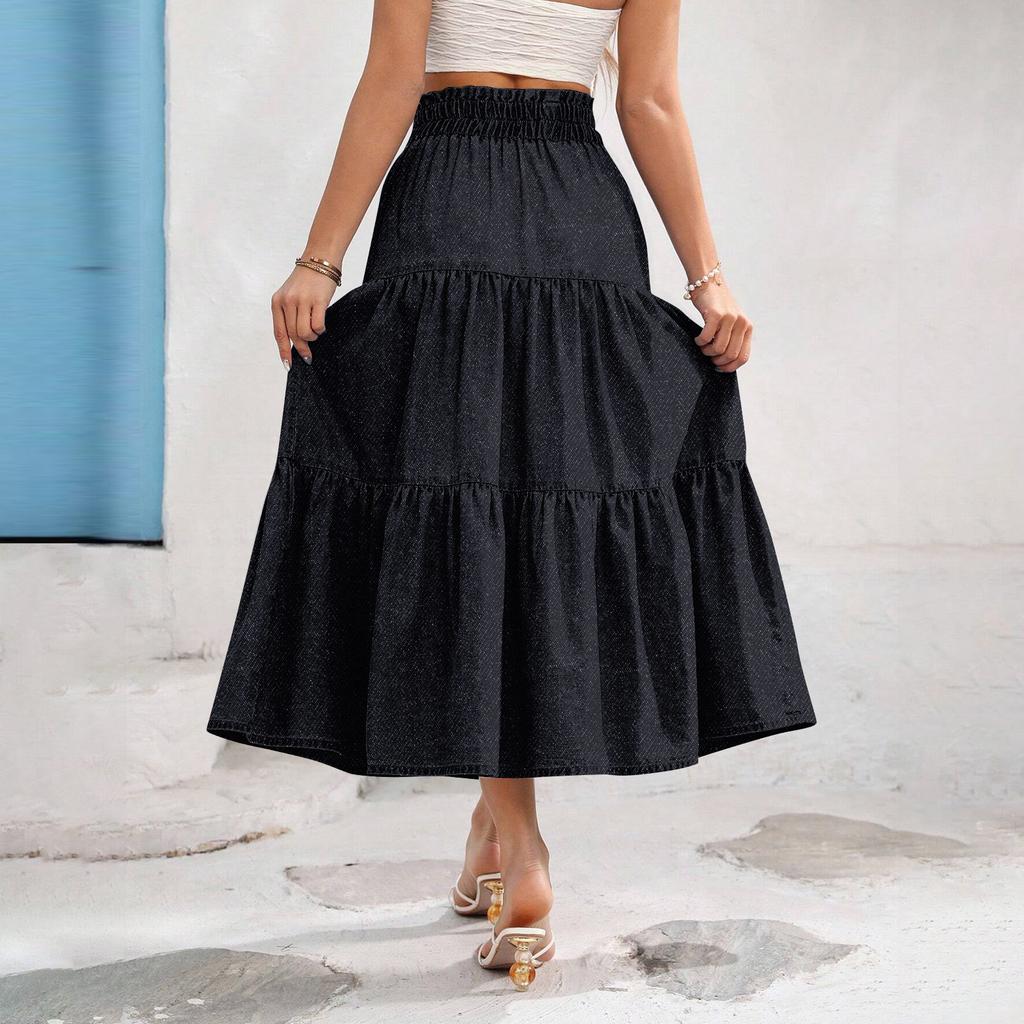 Damen Rüschen Frühling Casual Langer Rock Einfarbiger Rock Retro Faltenrock