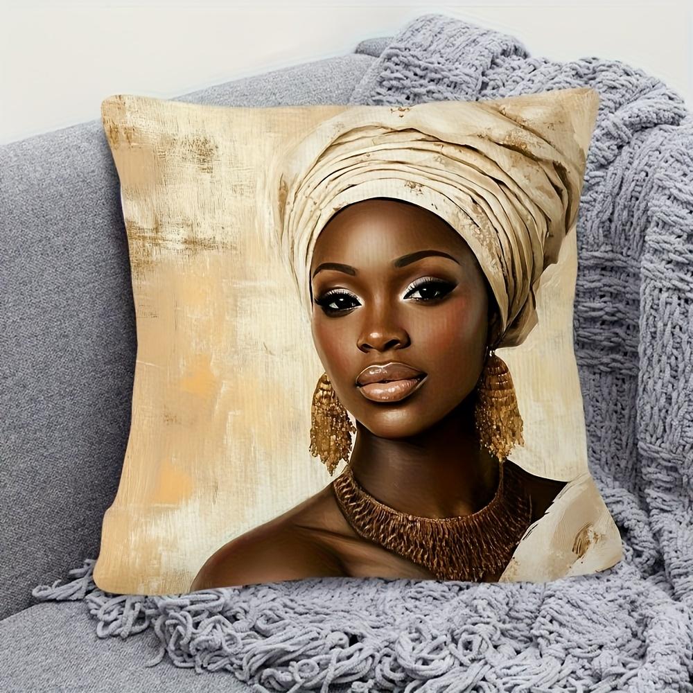 Double Sided Stylish African Woman With Golden Jewelry Print Throw Pillow Cover For Sofa And Bedroom Decoration